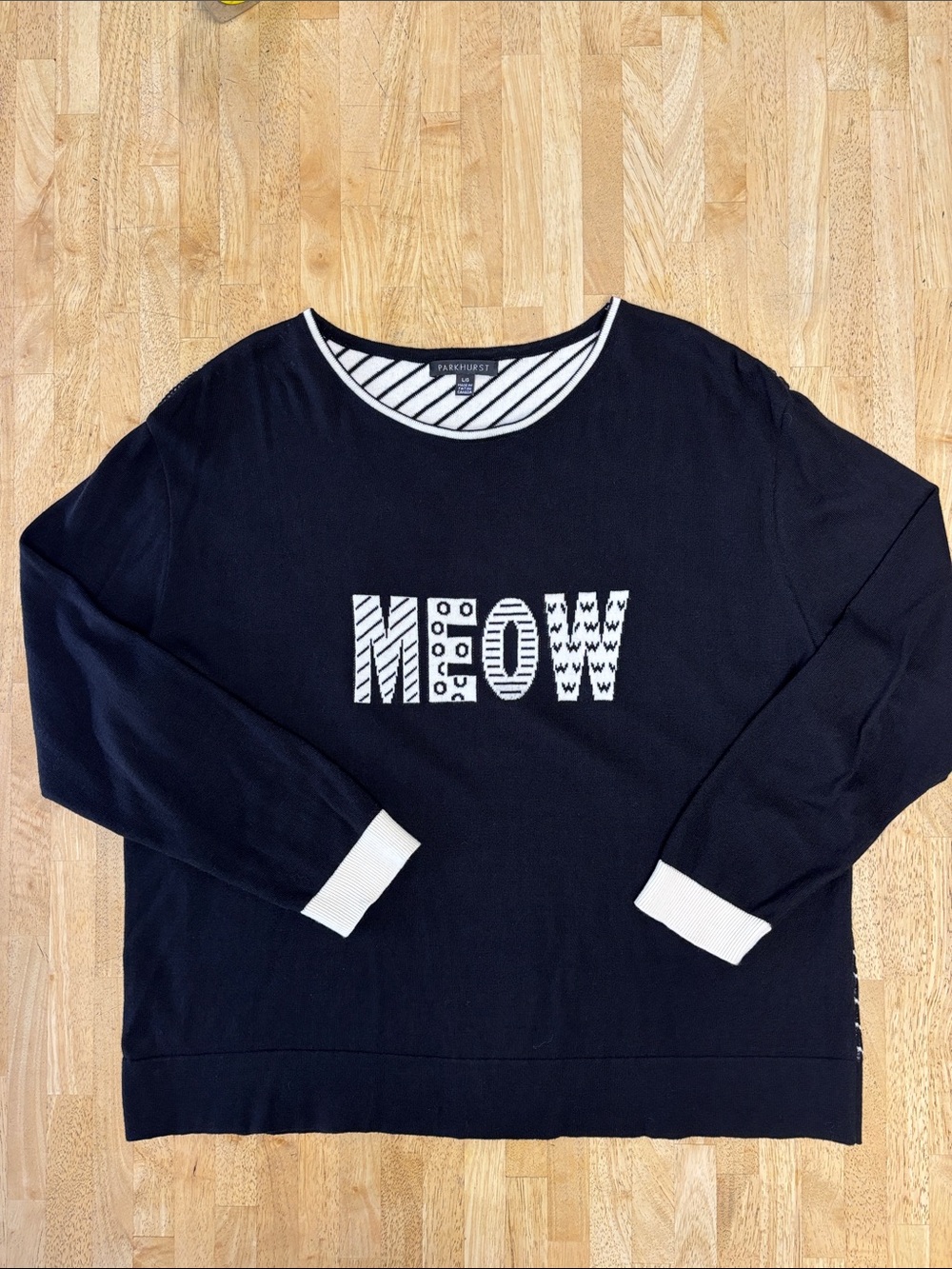 Parkhurst Meow Cat Graphic Knit Sweater Large L Black Canada Novelty Patterned
